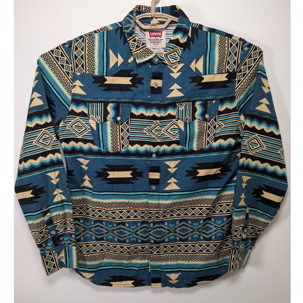 Levi's Mens Western Pearl Snap Shirt Southwestern Aztec Cotton Teal Black M